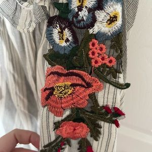 Gray and cream striped Hayden Dress with embroidered floral sleeves